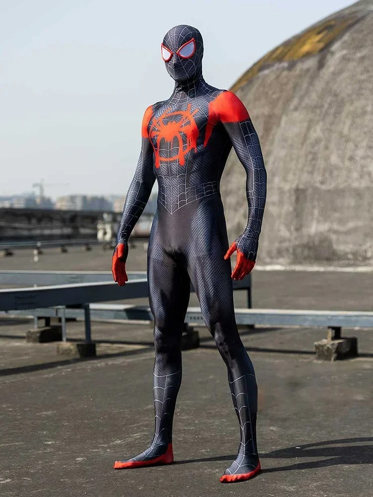 A person wearing a full-body black and red Miles morales costume stands on a rooftop with a large dome structure in the background.
