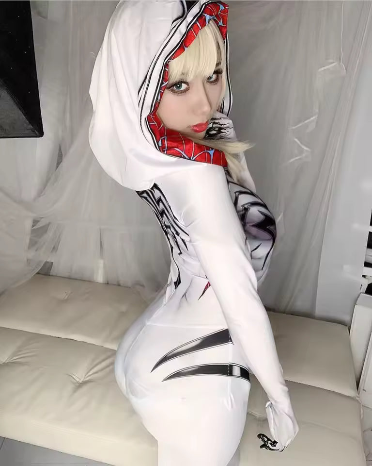 Ghost Spider symbiote costume back view with red web hood lining