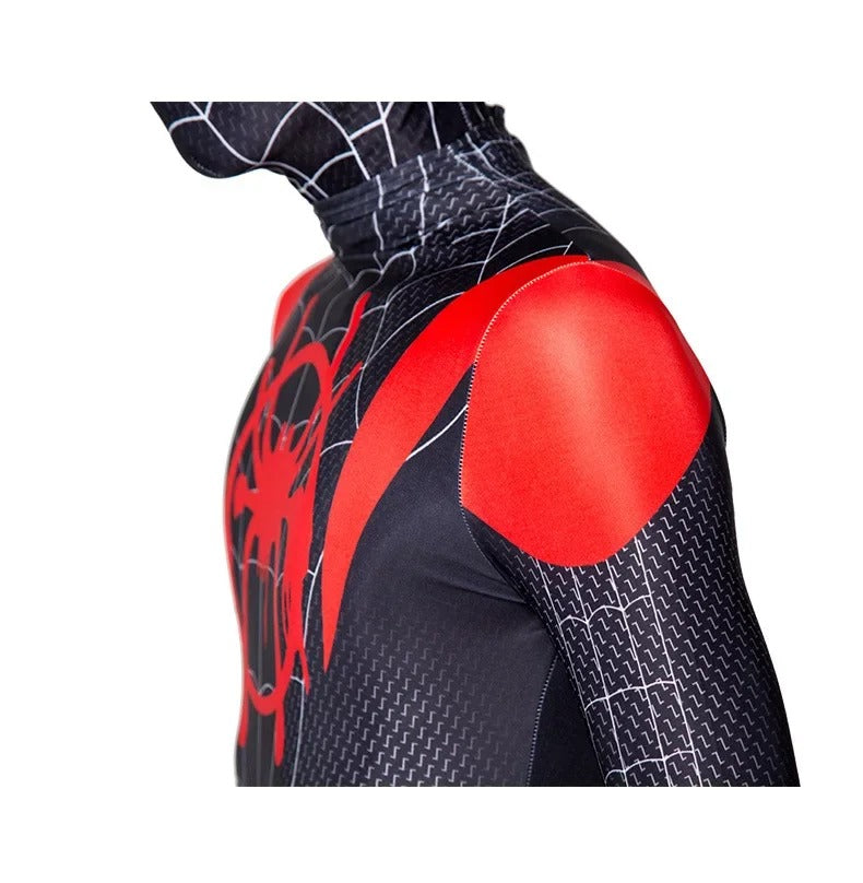 Miles Morales suit red shoulder slash and web texture close up