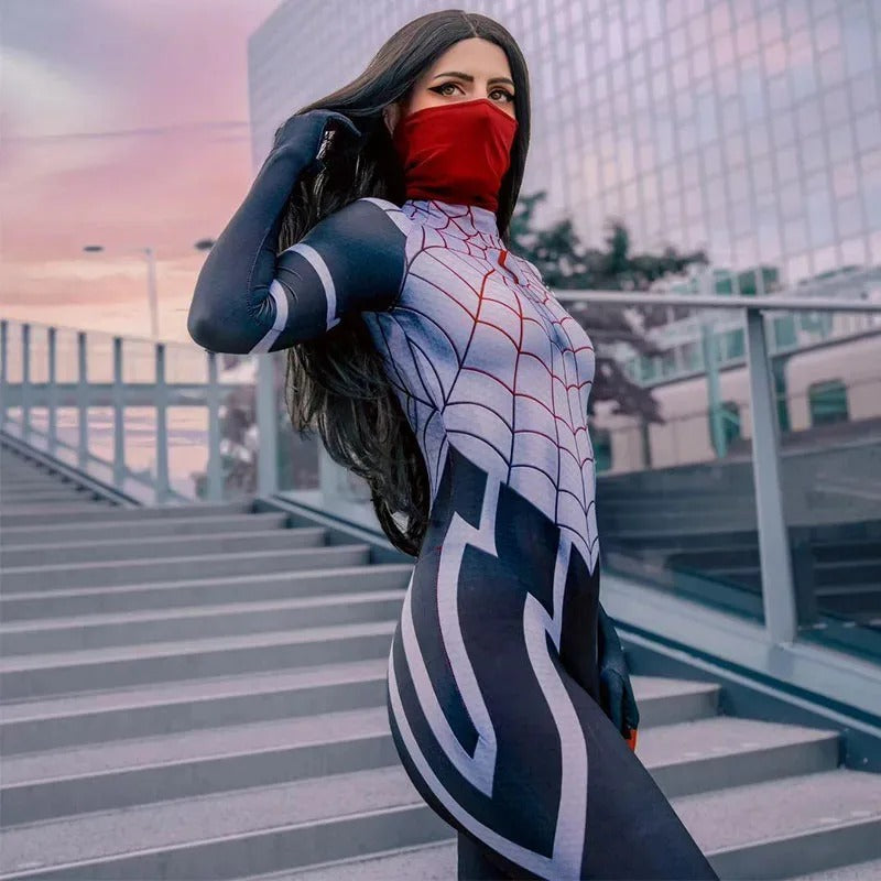 Silk costume Cindy Moon black and white bodysuit with red scarf